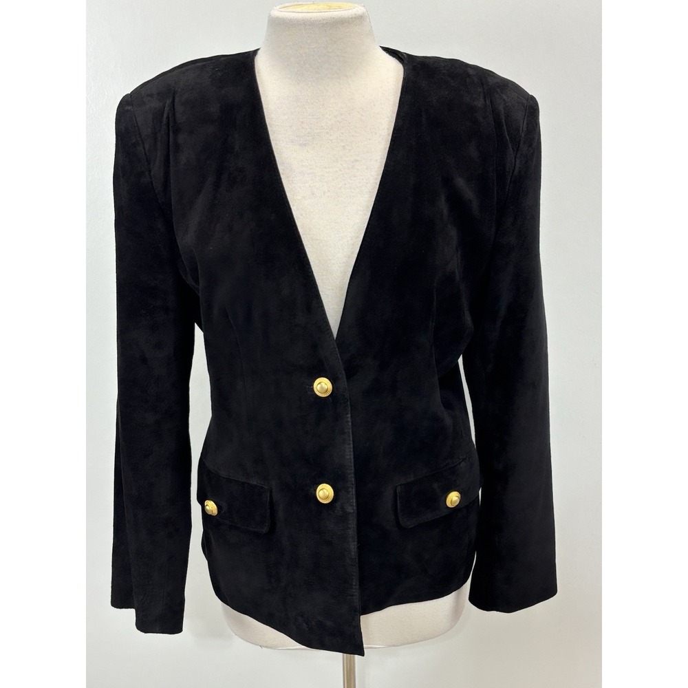Vtg Dana Brooke Pig Suede Blazer Jacket Women's 12 Black Gold Buttons Retro 80s